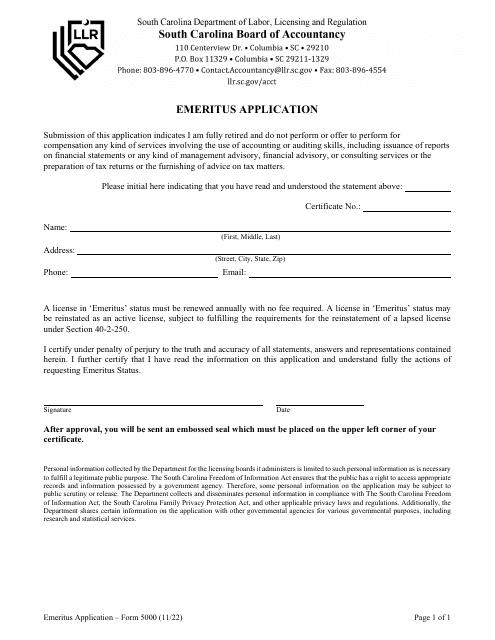 Form 5000 Emeritus Application - South Carolina