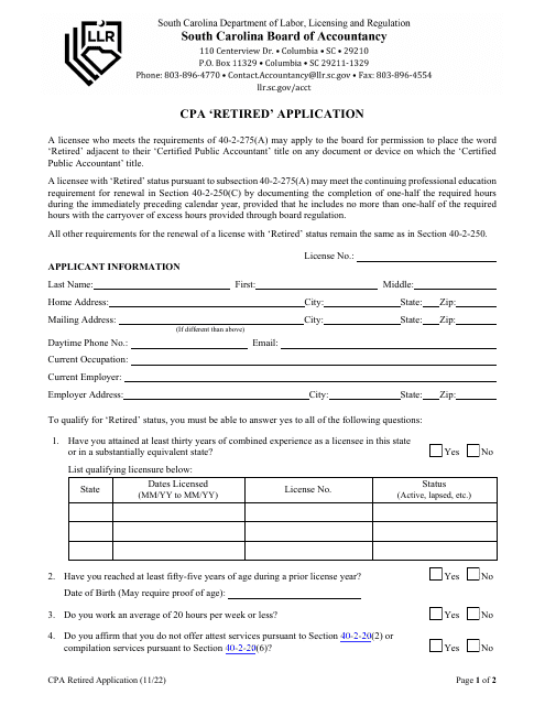 CPA 'retired' Application - South Carolina Download Pdf