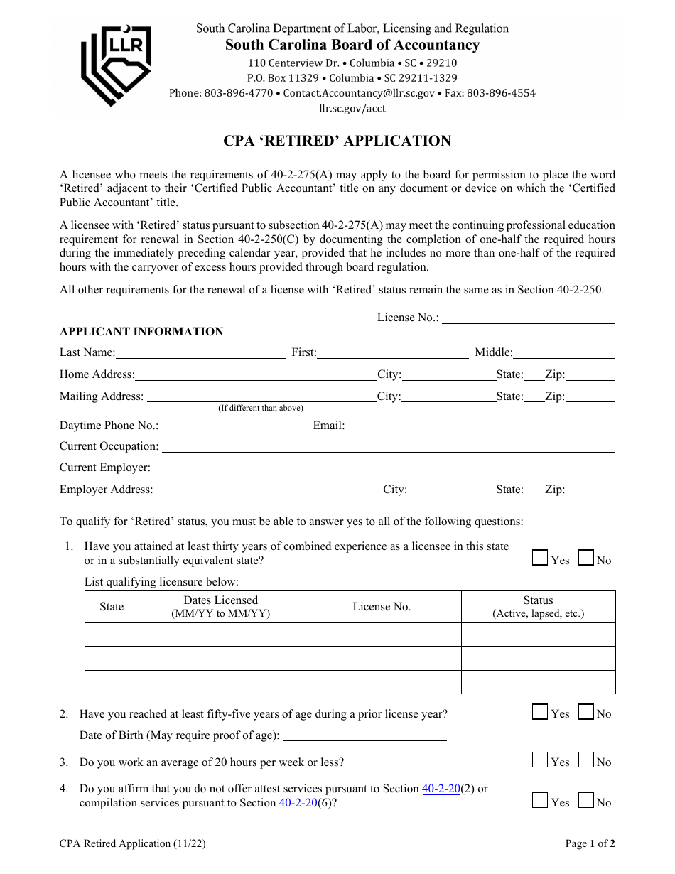 CPA retired Application - South Carolina, Page 1