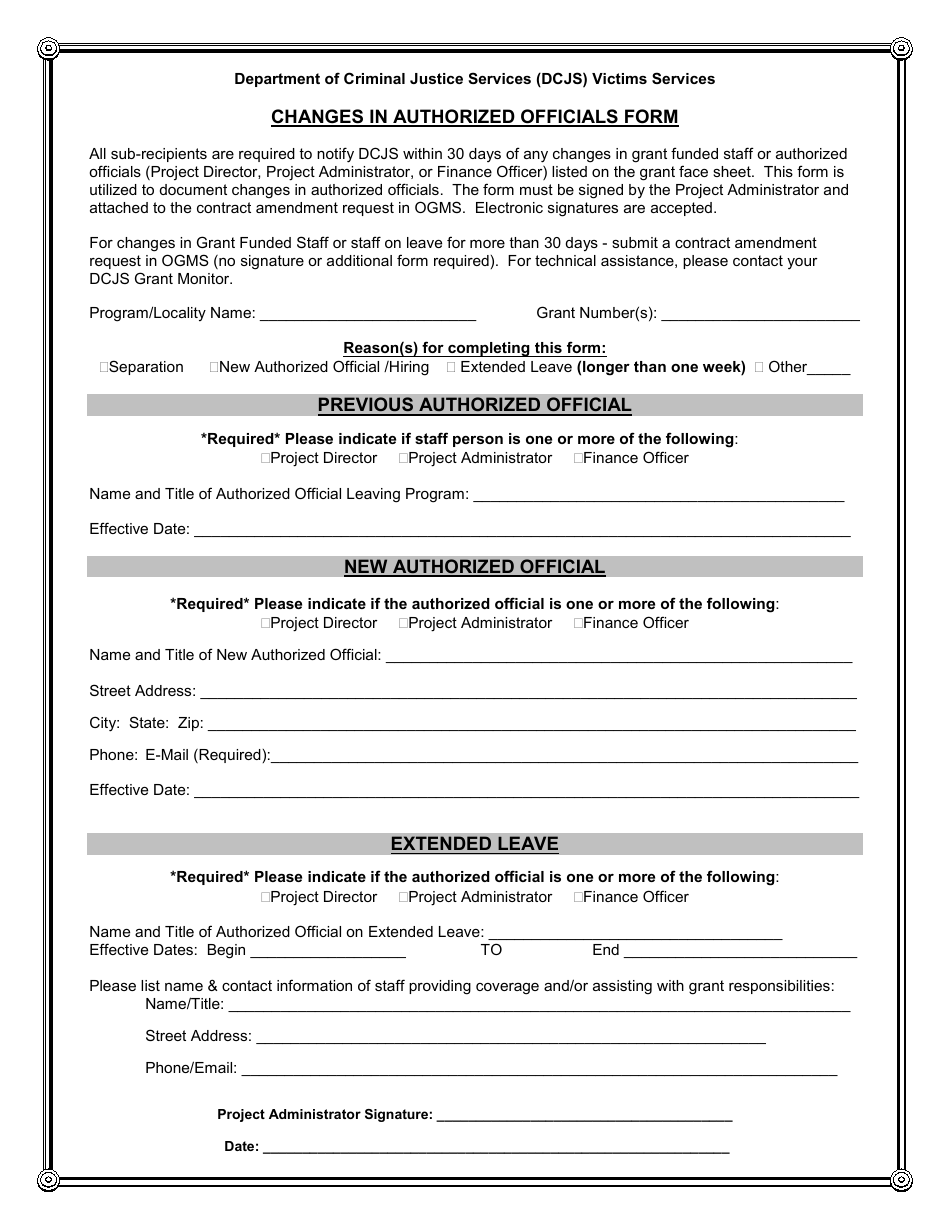 Changes in Authorized Officials Form - Virginia, Page 1