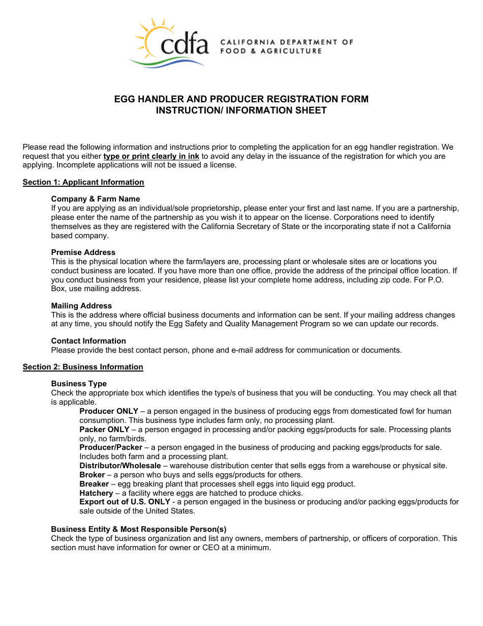 Form 517-004A Egg Handler and Producer Registration Form - California, Page 1