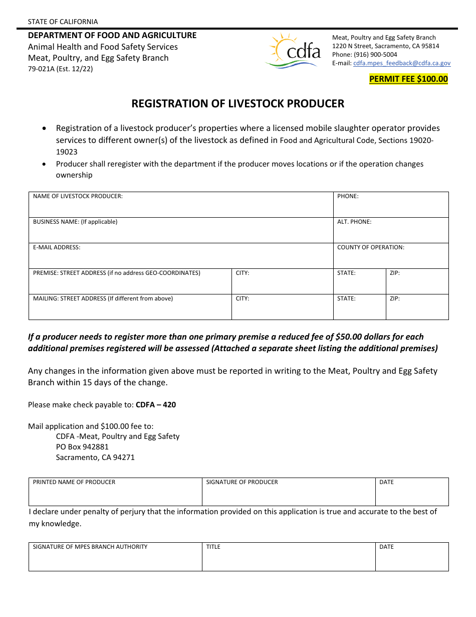 Form 79-021A Registration of Livestock Producer - California, Page 1