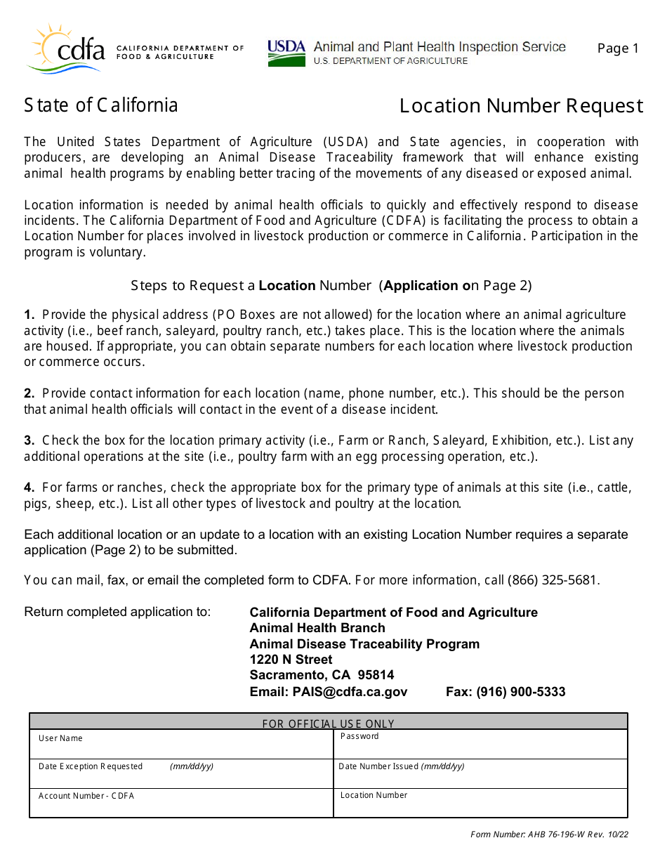 AHB Form 76-196-W Location Number Request - California, Page 1
