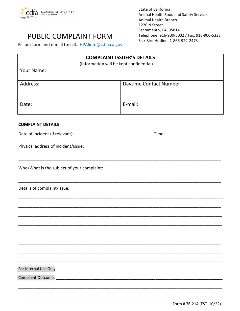 Form 76-214 Public Complaint Form - California, Page 1