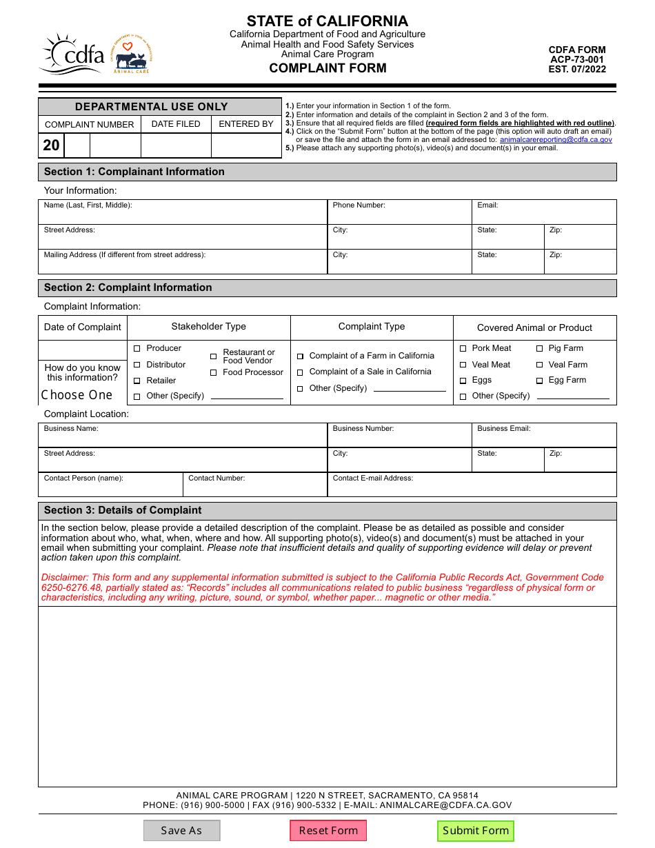 CDFA Form ACP-73-001 Complaint Form - Animal Care Program - California, Page 1