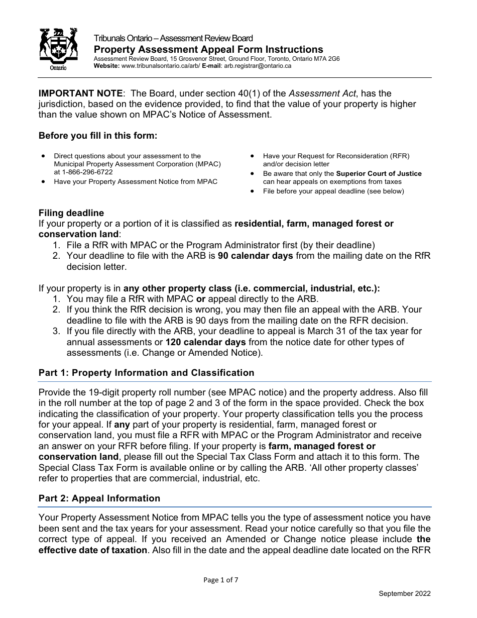 Property Assessment Appeal Form - Ontario, Canada, Page 1