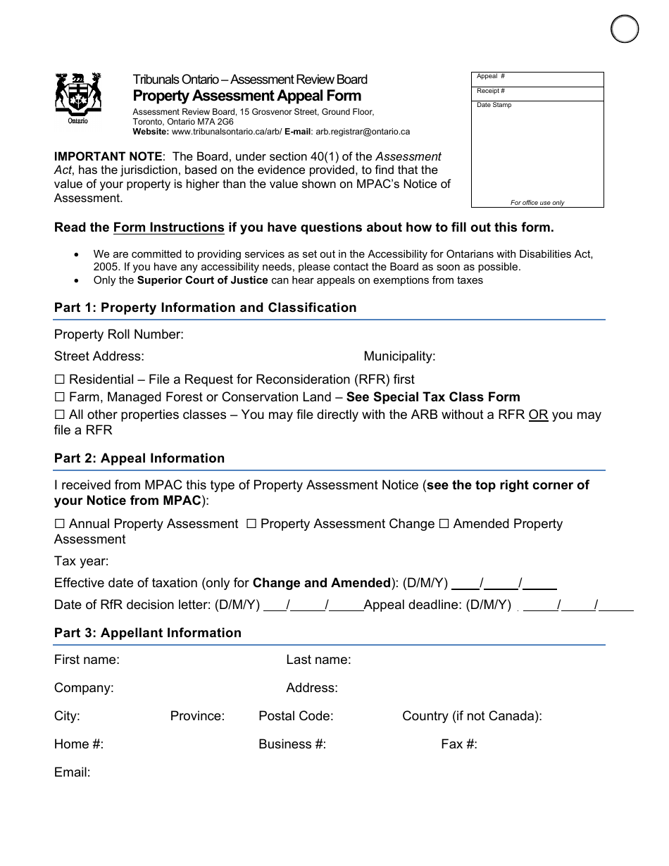 Ontario Canada Property Assessment Appeal Form Download Fillable PDF
