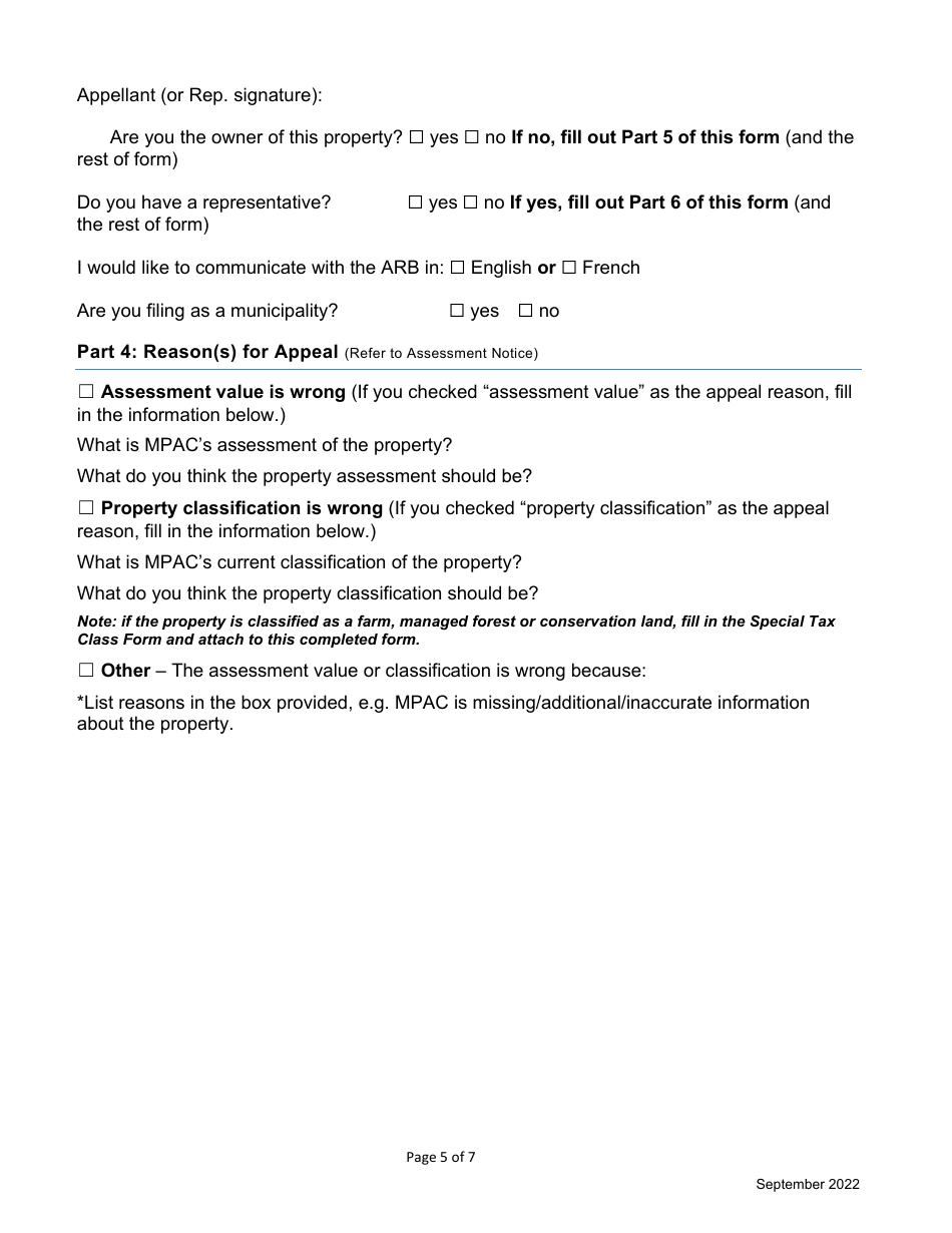 Ontario Canada Property Assessment Appeal Form Download Fillable PDF
