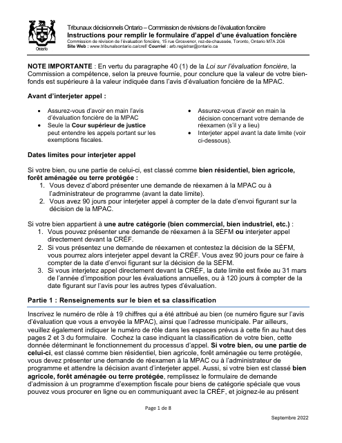 Formulaire D'appel D'une Evaluation Fonciere De La Cref - Ontario, Canada (French) Download Pdf