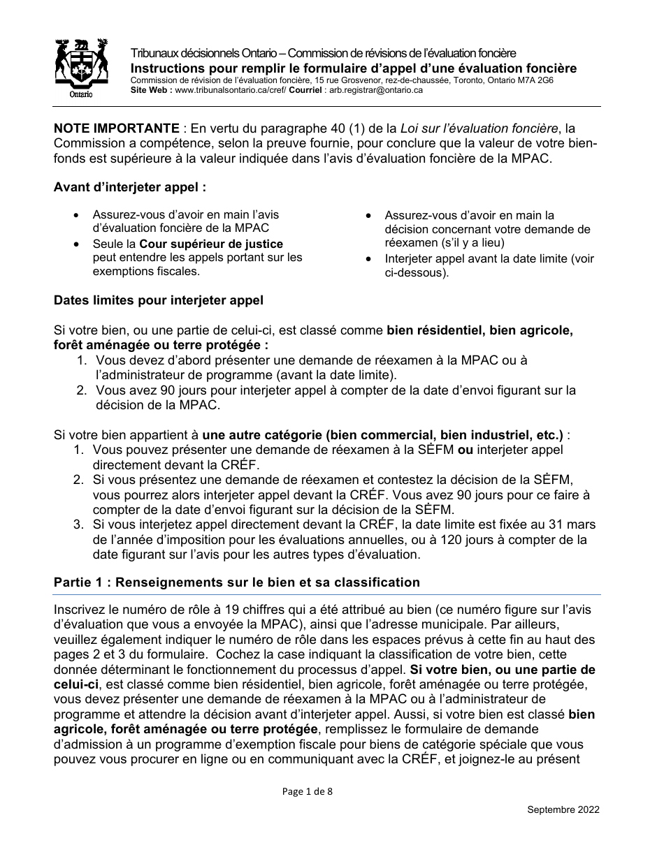 Formulaire Dappel Dune Evaluation Fonciere De La Cref - Ontario, Canada (French), Page 1