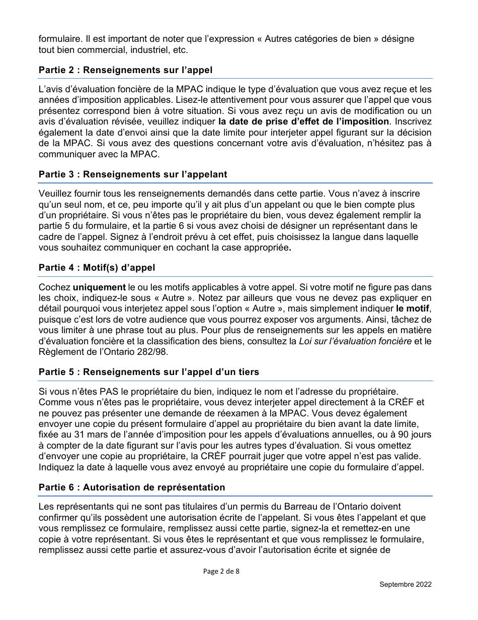 Formulaire Dappel Dune Evaluation Fonciere De La Cref - Ontario, Canada (French), Page 2