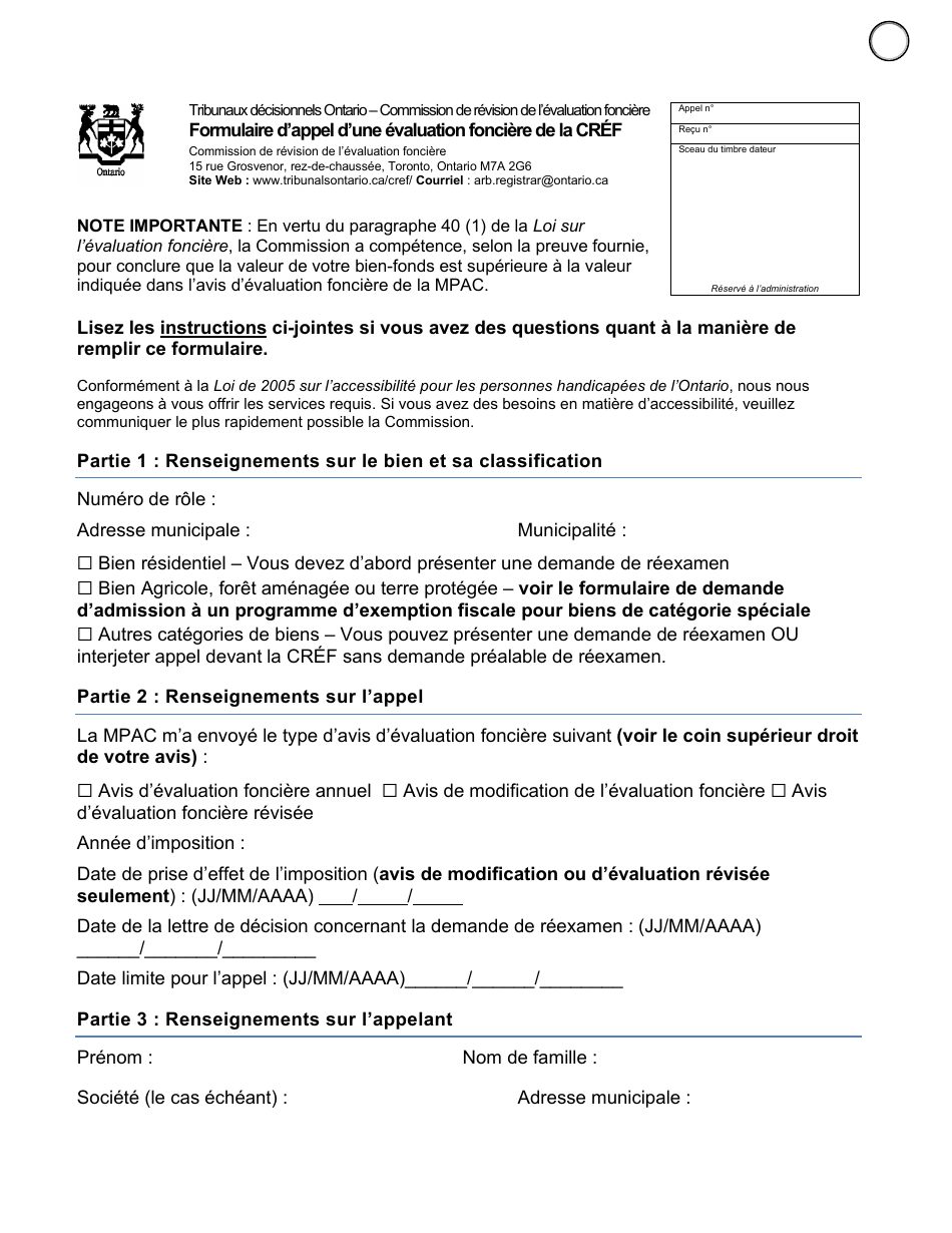 Formulaire Dappel Dune Evaluation Fonciere De La Cref - Ontario, Canada (French), Page 5