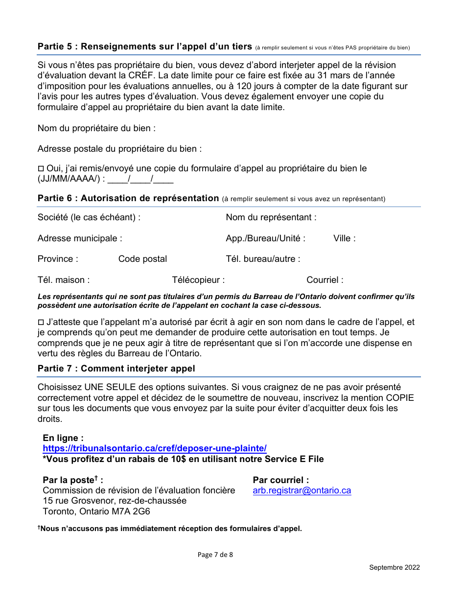 Formulaire Dappel Dune Evaluation Fonciere De La Cref - Ontario, Canada (French), Page 7