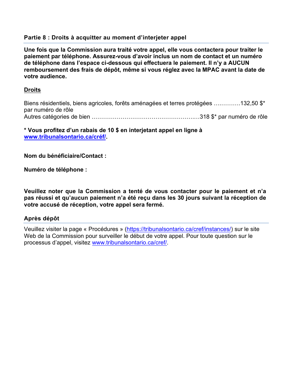 Formulaire Dappel Dune Evaluation Fonciere De La Cref - Ontario, Canada (French), Page 8