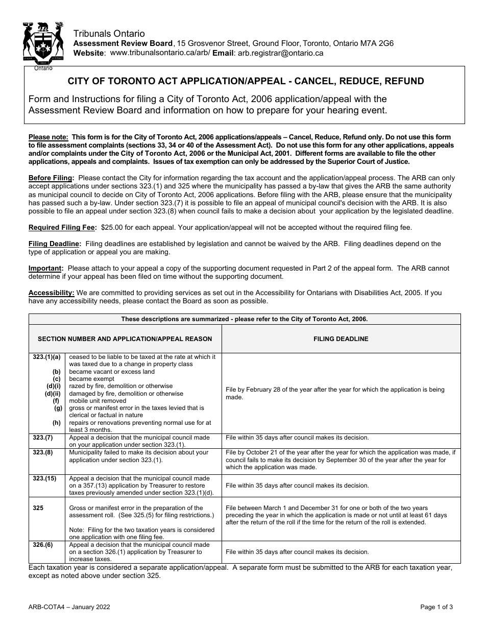 Form ARB-COTA4 City of Toronto Act Application / Appeal - Cancel, Reduce, Refund - Ontario, Canada, Page 1