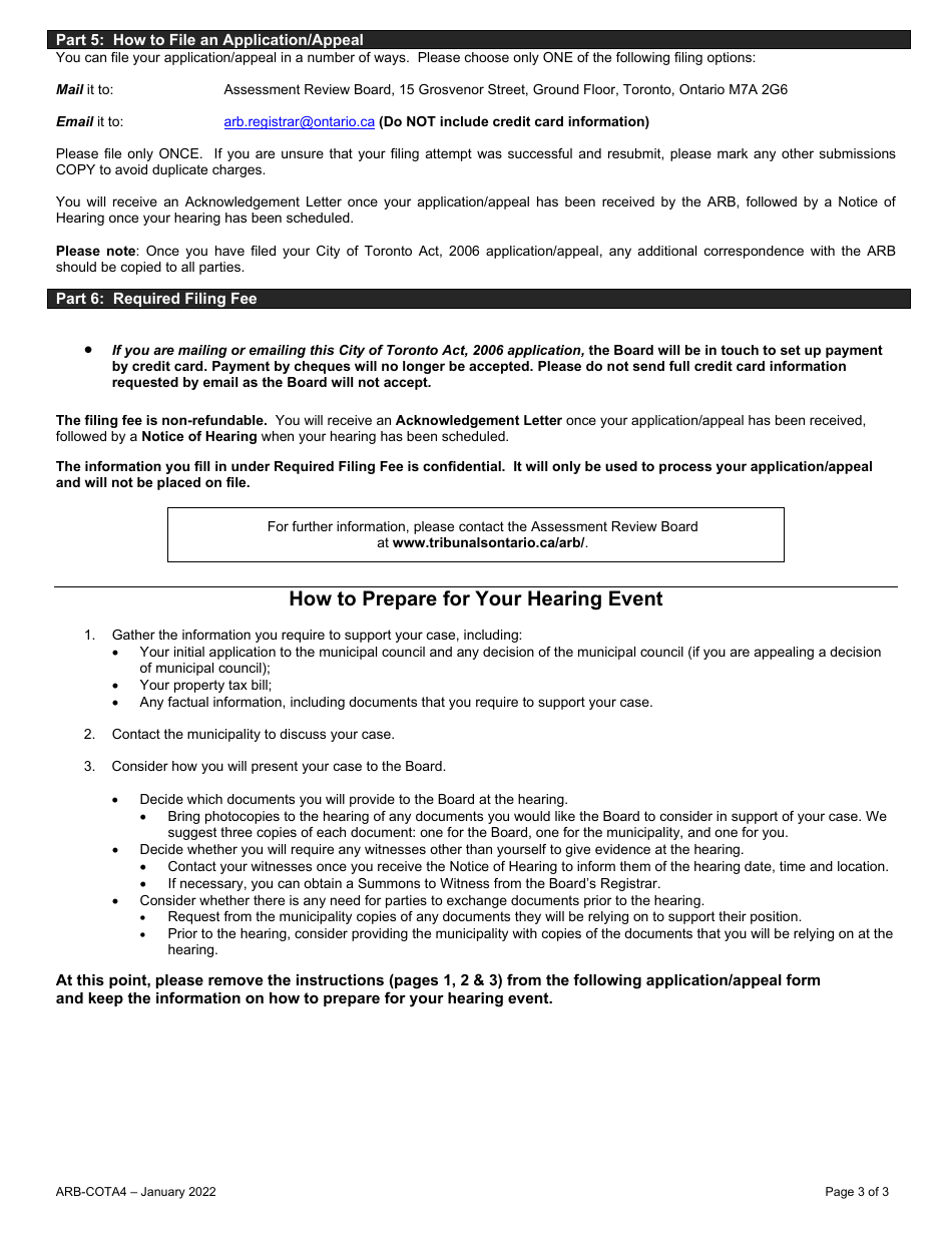 Form ARB-COTA4 City of Toronto Act Application / Appeal - Cancel, Reduce, Refund - Ontario, Canada, Page 3