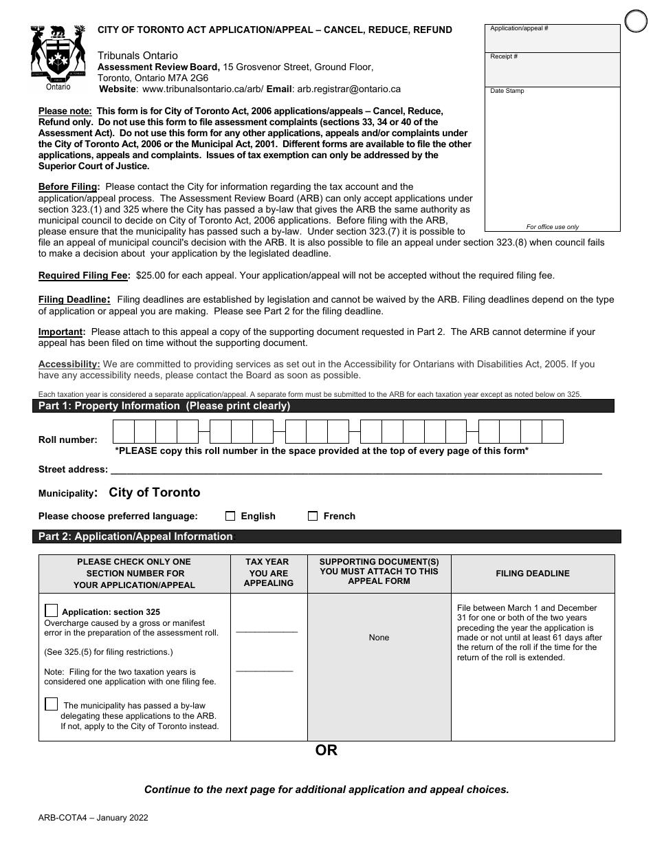 Form ARB-COTA4 City of Toronto Act Application / Appeal - Cancel, Reduce, Refund - Ontario, Canada, Page 4