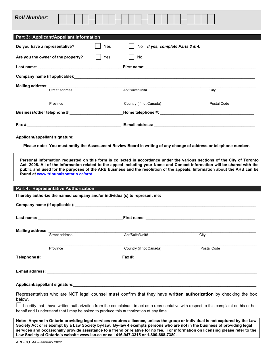 Form ARB-COTA4 City of Toronto Act Application / Appeal - Cancel, Reduce, Refund - Ontario, Canada, Page 6