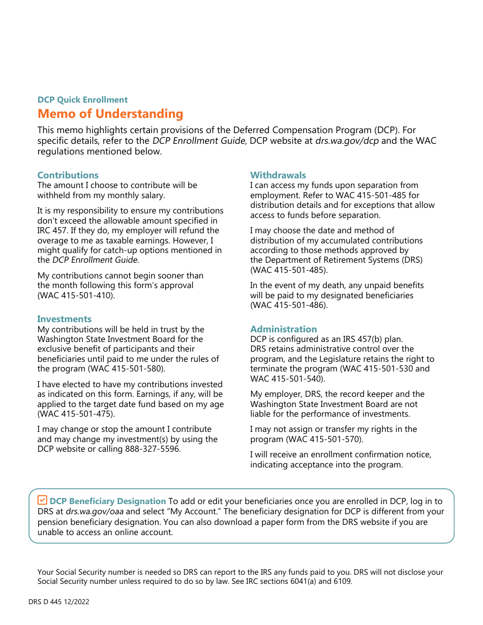 Form DRS D445 Quick Enrollment - Deferred Compensation Program (Dcp) - Washington, Page 2