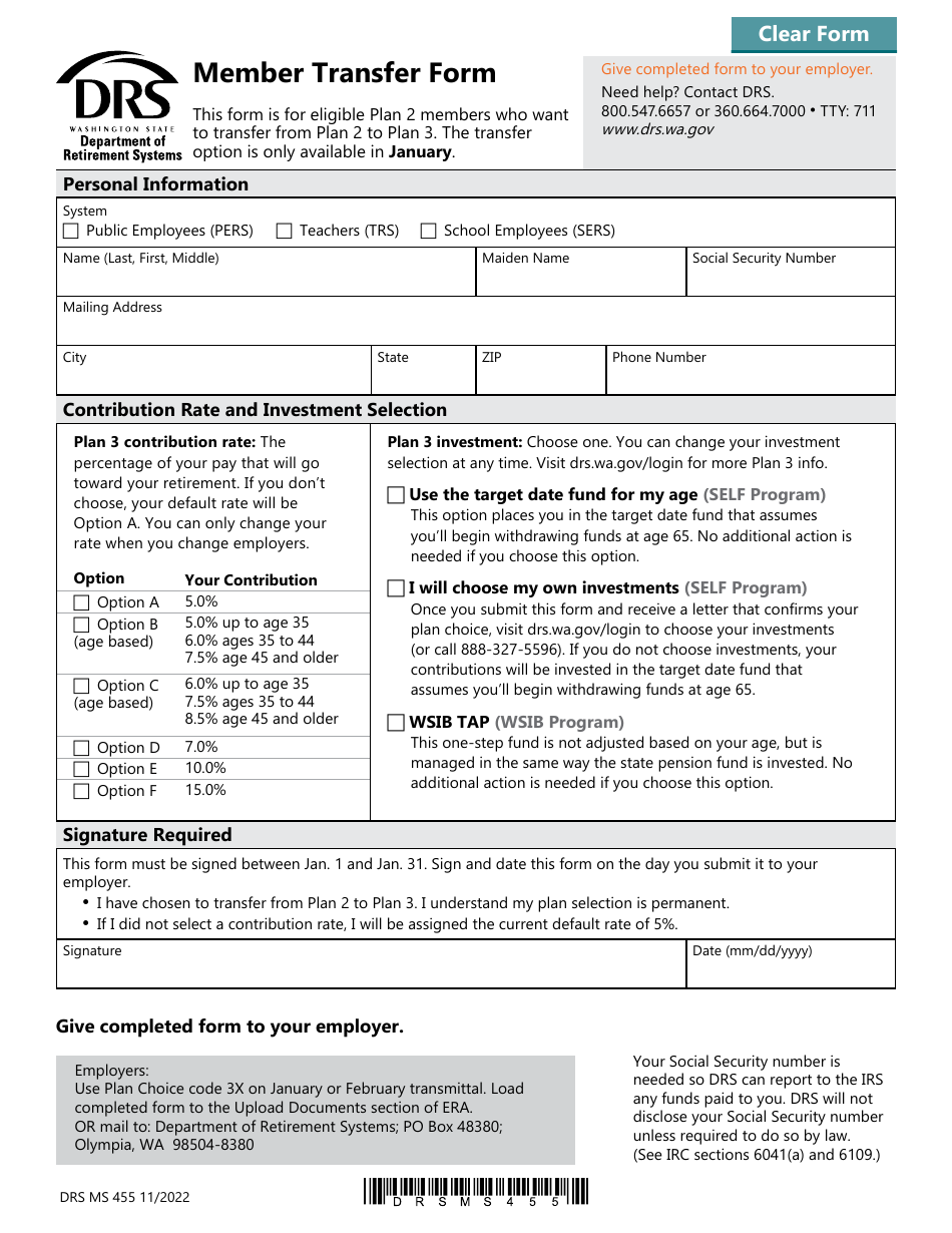 Form DRS MS455 Member Transfer Form - Washington, Page 1