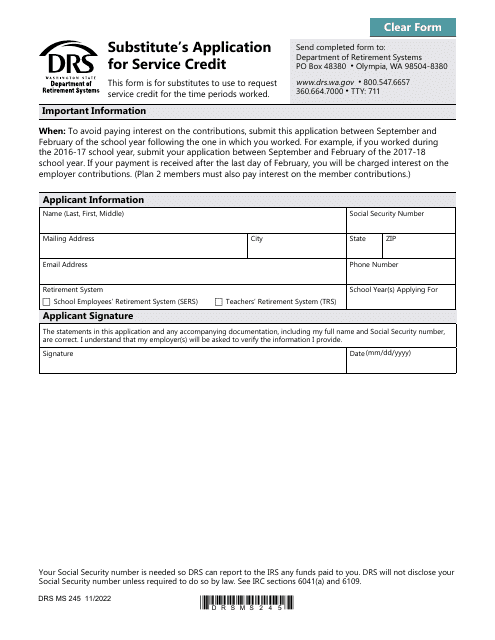 Form DRS MS245 Substitute's Application for Service Credit - Washington