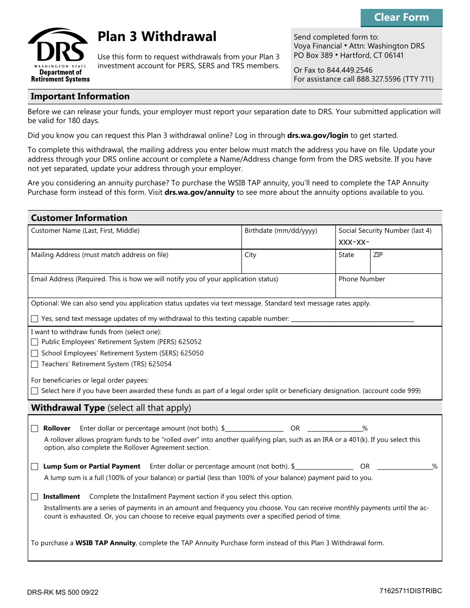 Form DRS-RK MS500 Plan 3 Withdrawal - Washington, Page 1