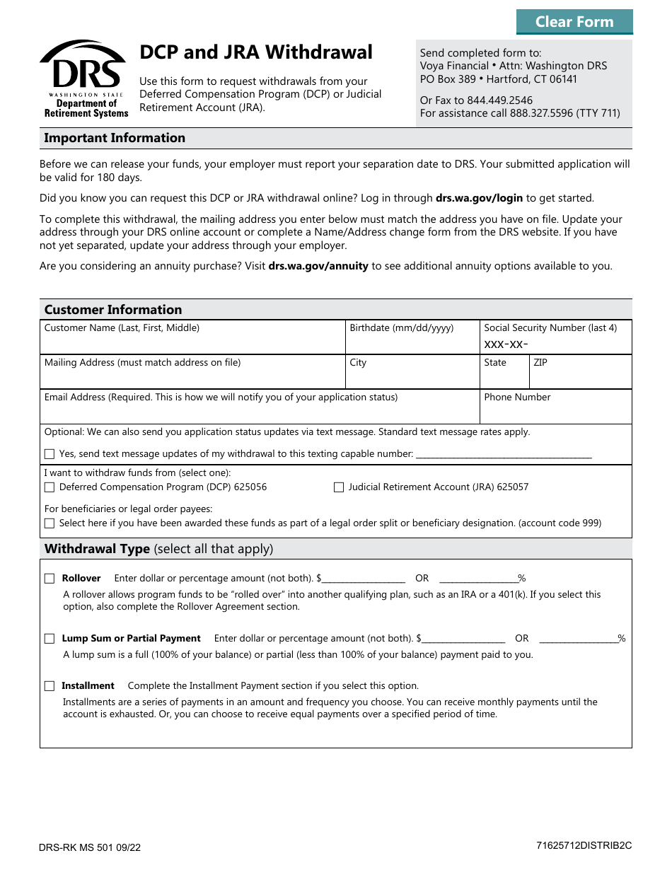Form DRS-RK MS501 Dcp and Jra Withdrawal - Washington, Page 1