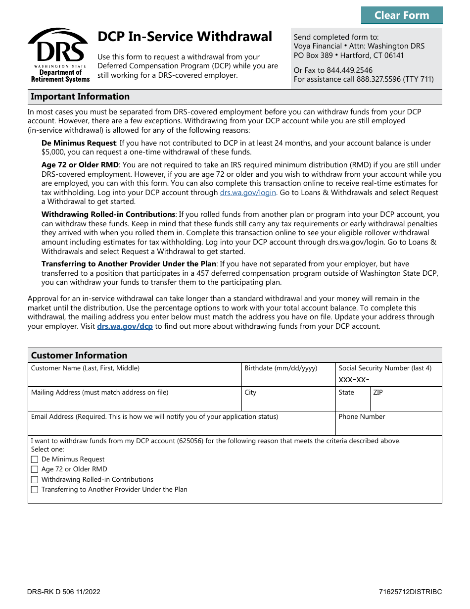 Form DRS-RK D506 Dcp In-Service Withdrawal - Washington, Page 1