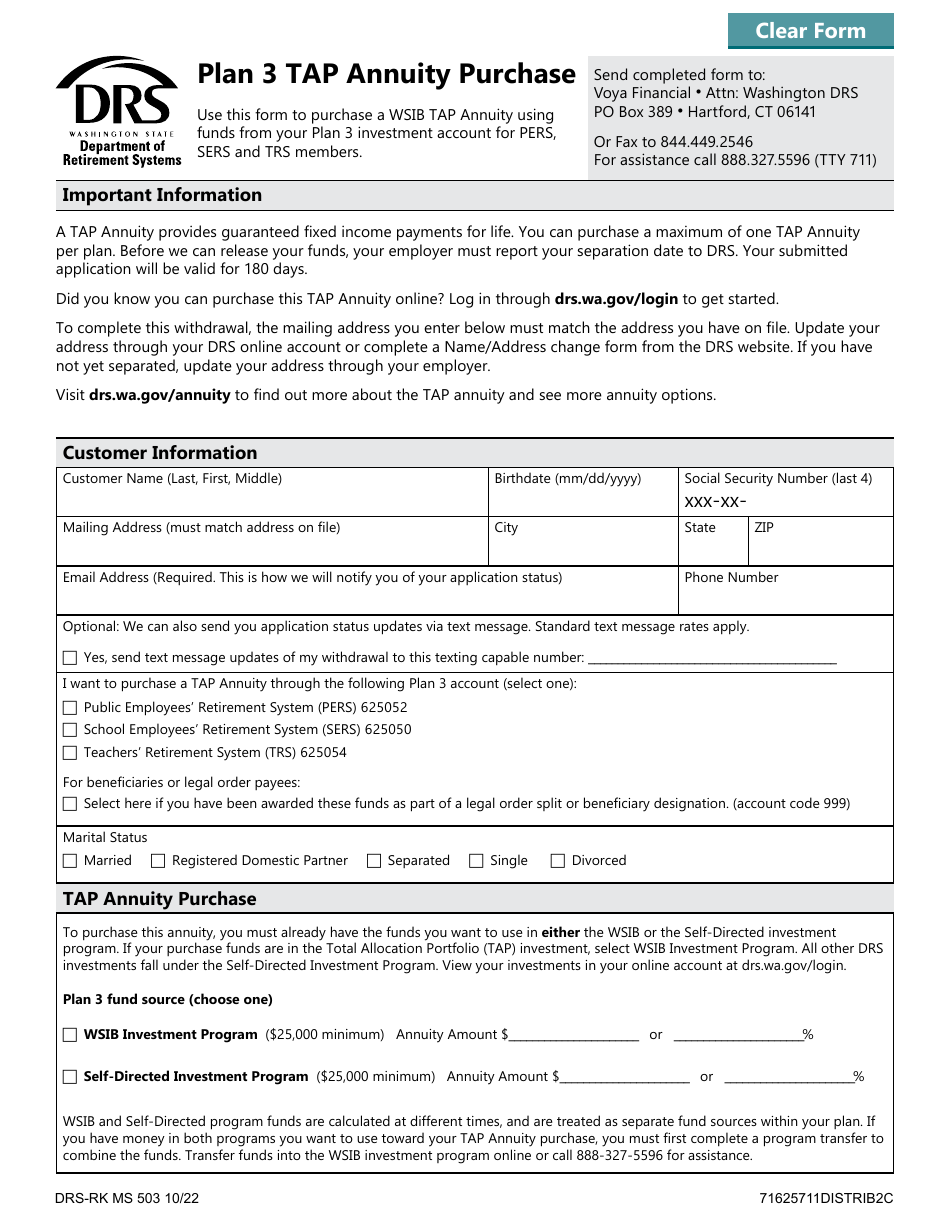 Form DRS-RK MS503 Plan 3 Tap Annuity Purchase - Washington, Page 1