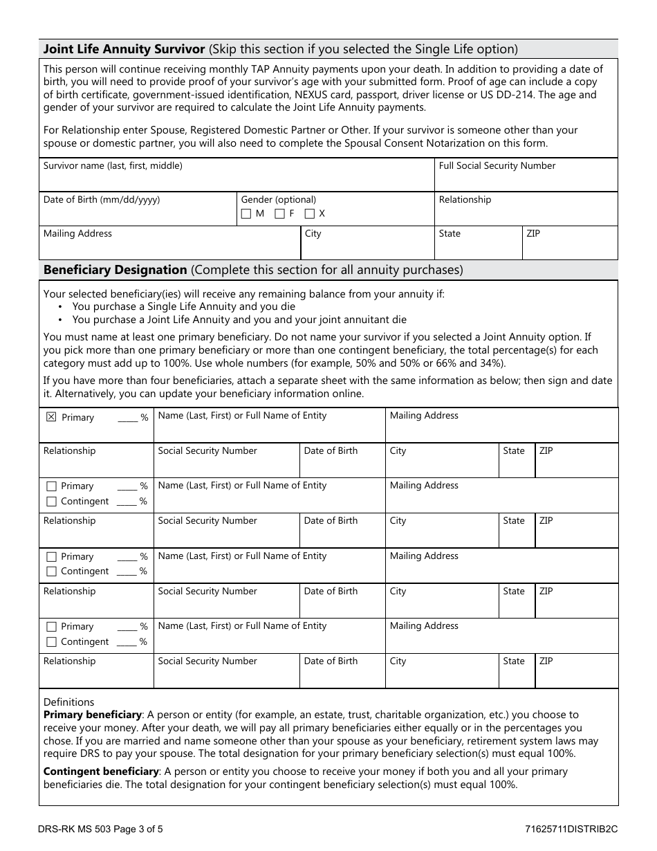 Form DRS-RK MS503 Plan 3 Tap Annuity Purchase - Washington, Page 3