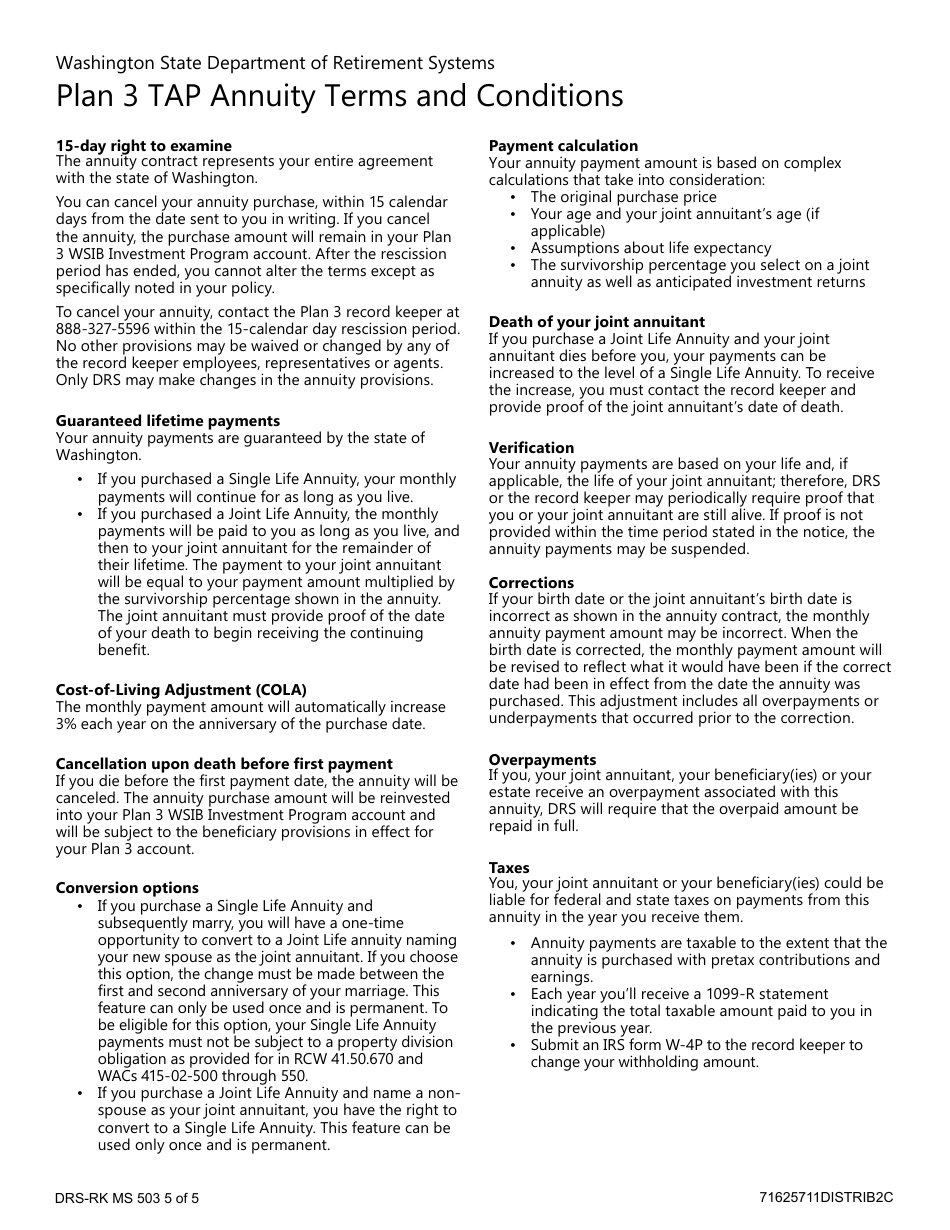 Form DRS-RK MS503 Plan 3 Tap Annuity Purchase - Washington, Page 5