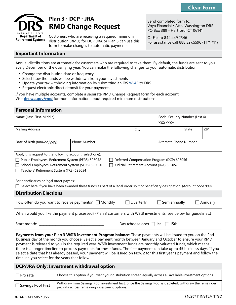 Form DRS-RK MS505 Rmd Change Request - Plan 3, Dcp, Jra - Washington, Page 1