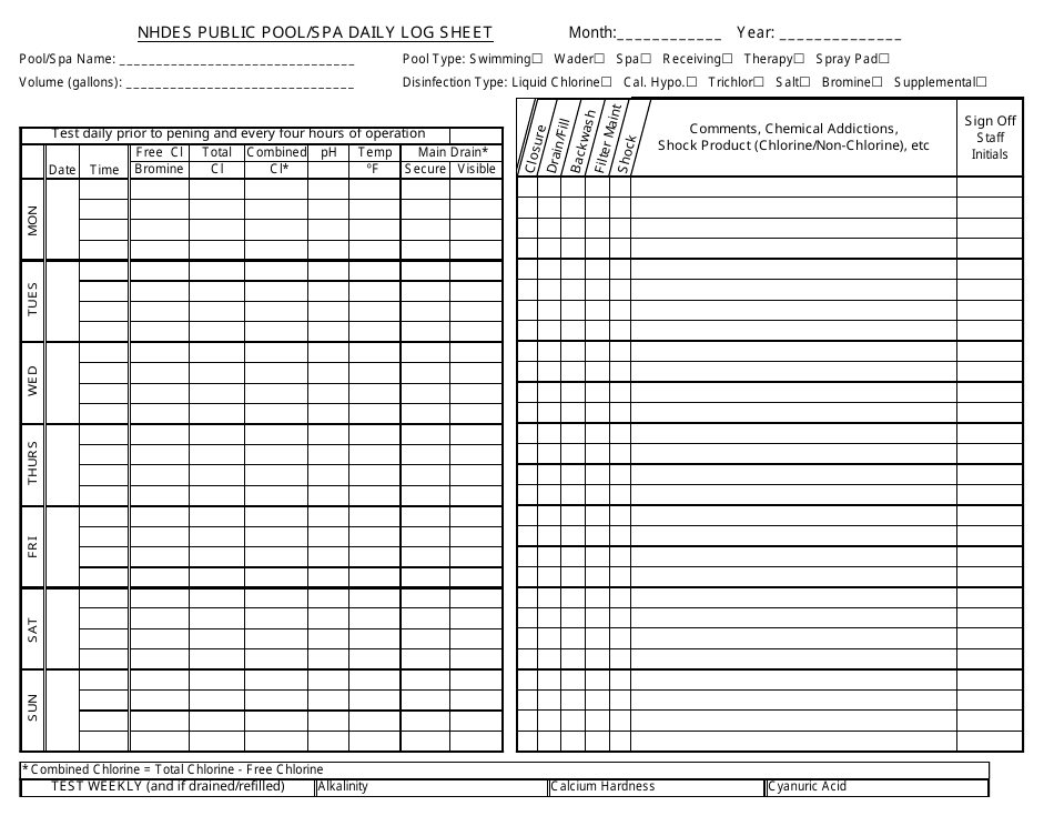 Nhdes Public Pool / SPA Daily Log Sheet - New Hampshire, Page 1
