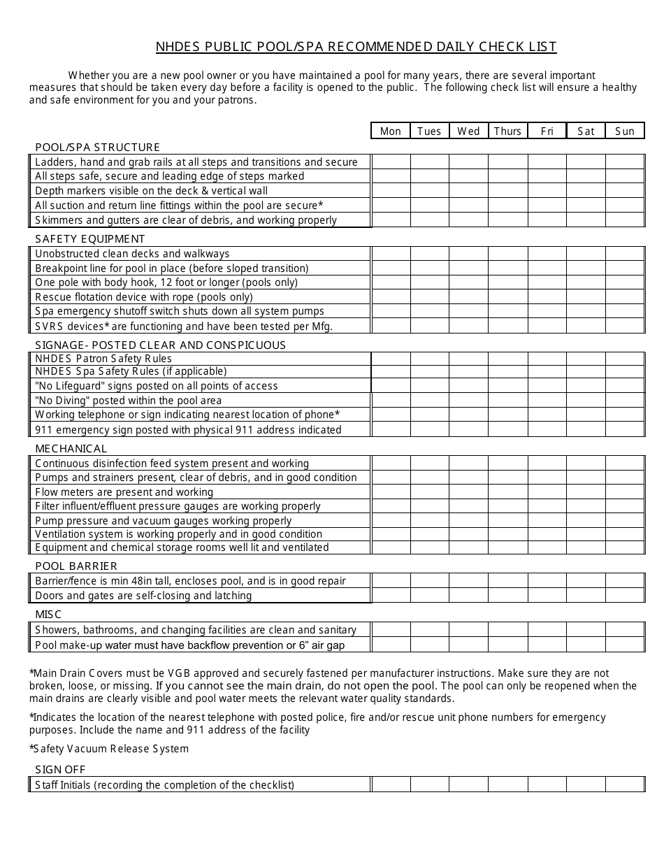 New Hampshire Nhdes Public Pool/SPA Daily Log Sheet Download Printable ...