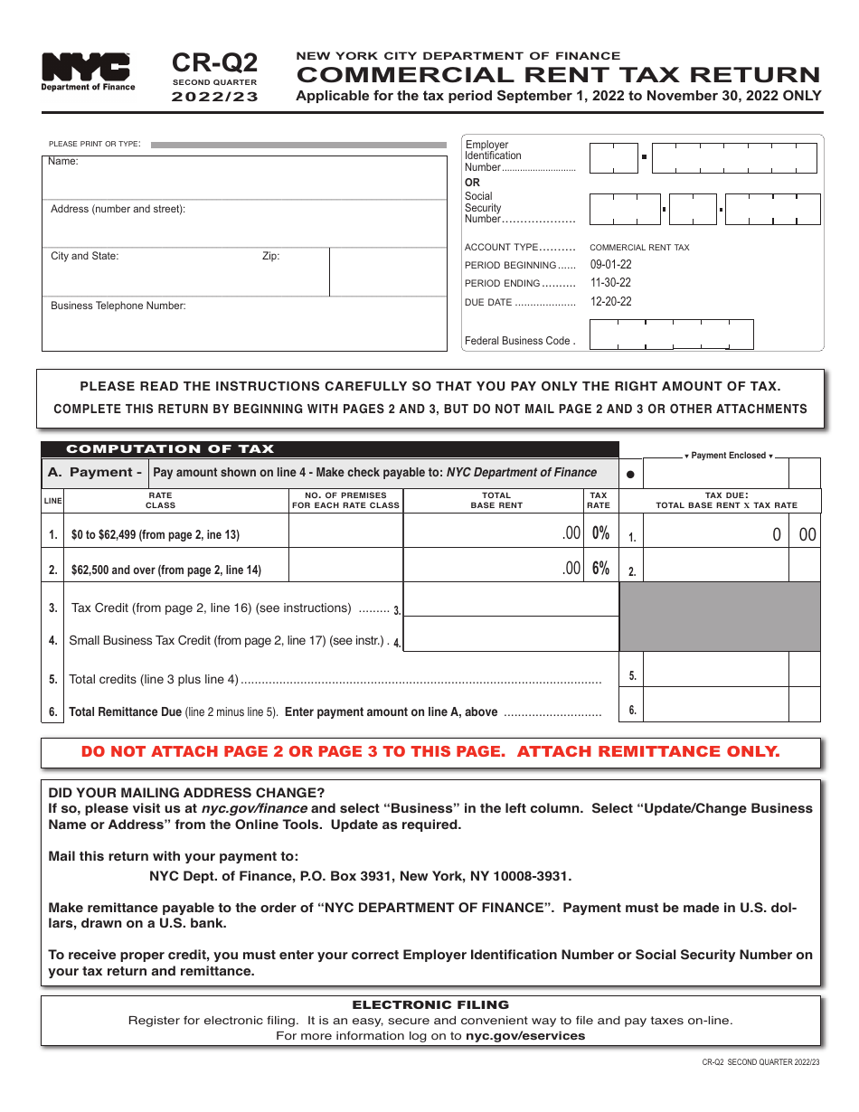 Form CR-Q2 Commercial Rent Tax Return - Second Quarter - New York City, Page 1
