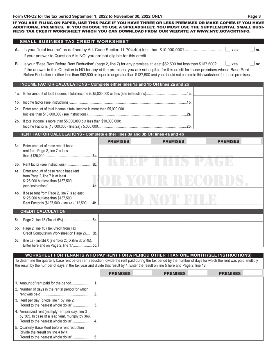 Form CR-Q2 Commercial Rent Tax Return - Second Quarter - New York City, Page 3