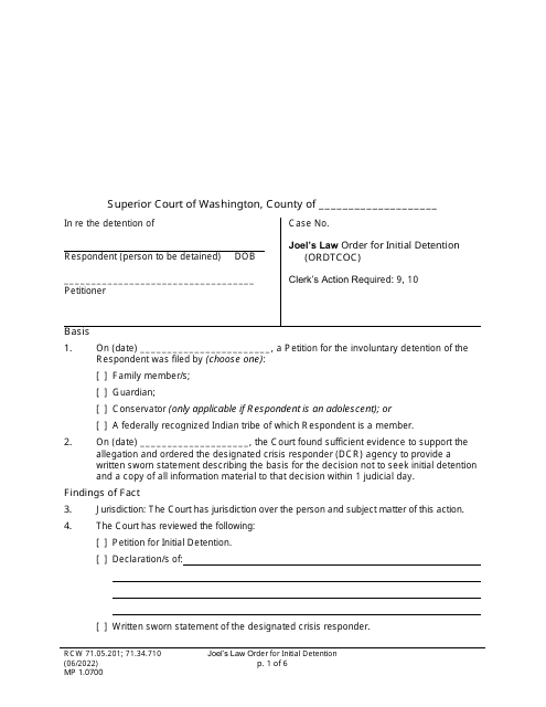 Form MP01.0700 Joel's Law Order for Initial Detention - Washington