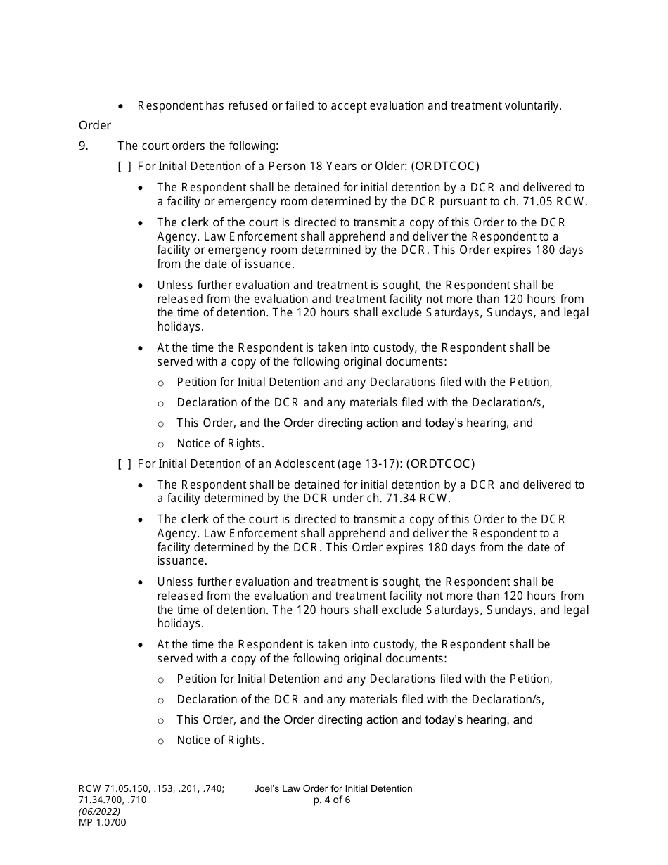 Form MP01.0700 Joels Law Order for Initial Detention - Washington, Page 4