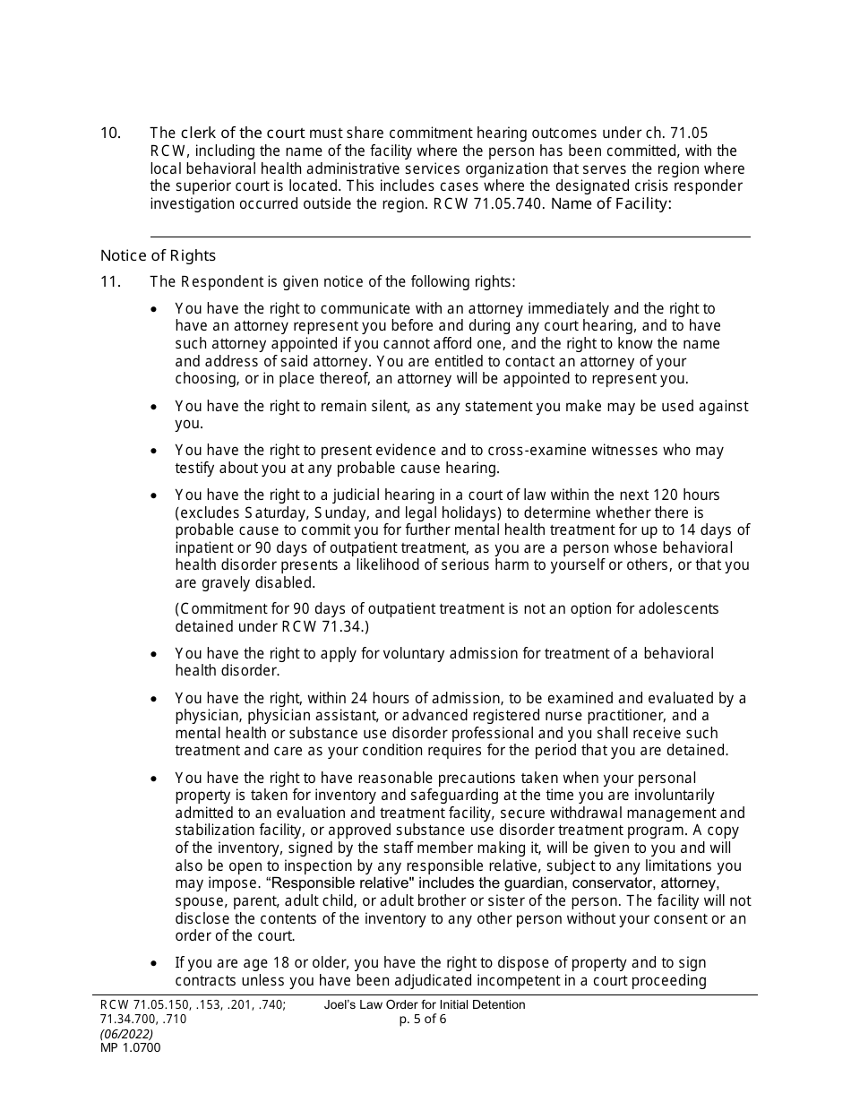 Form MP01.0700 Joels Law Order for Initial Detention - Washington, Page 5