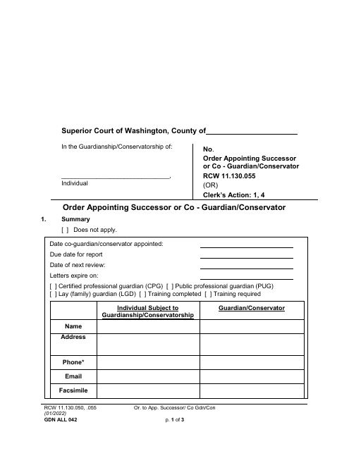 Form GDN ALL042 Order Appointing Successor or Co-guardian/Conservator - Washington