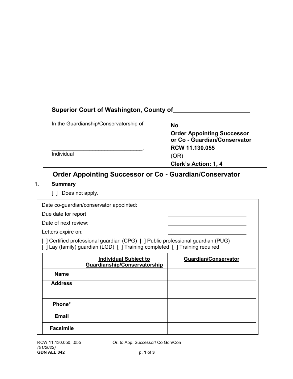 Form GDN ALL042 Order Appointing Successor or Co-guardian / Conservator - Washington, Page 1