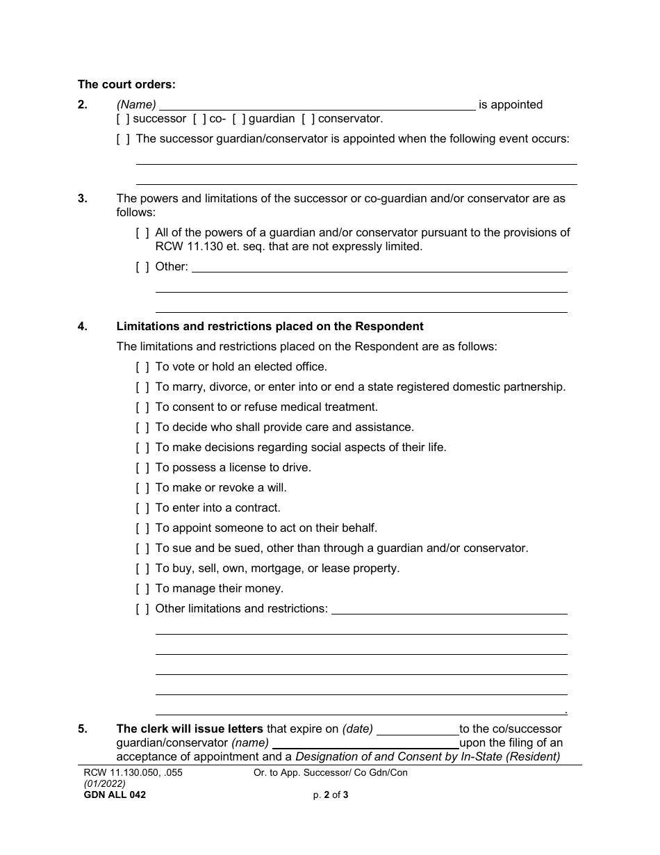 Form GDN ALL042 Order Appointing Successor or Co-guardian / Conservator - Washington, Page 2