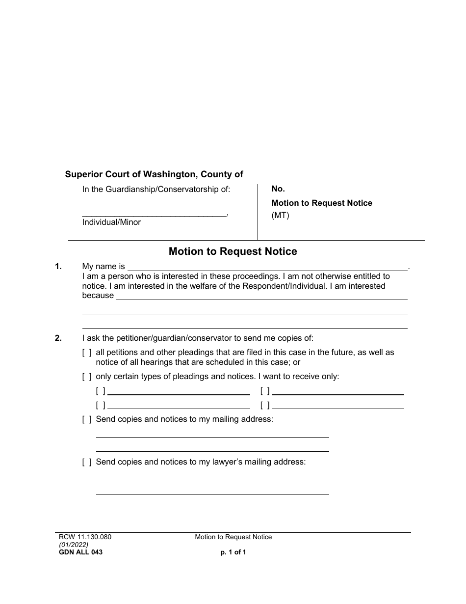 Form GDN ALL043 Motion to Request Notice - Washington, Page 1