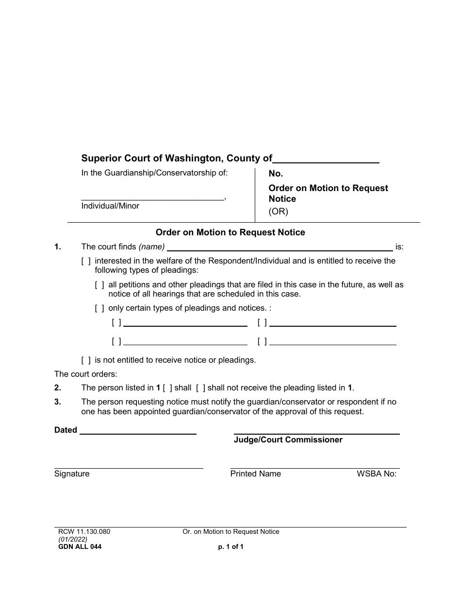 Form GDN ALL044 Order on Motion to Request Notice - Washington, Page 1