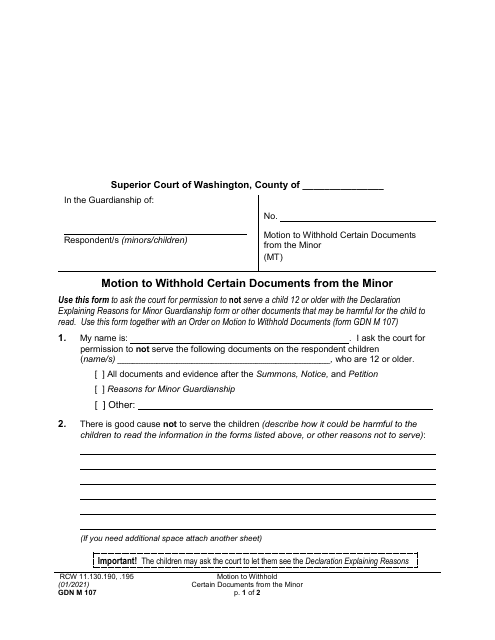 Form GDN M107 Motion to Withhold Certain Documents From the Minor - Washington