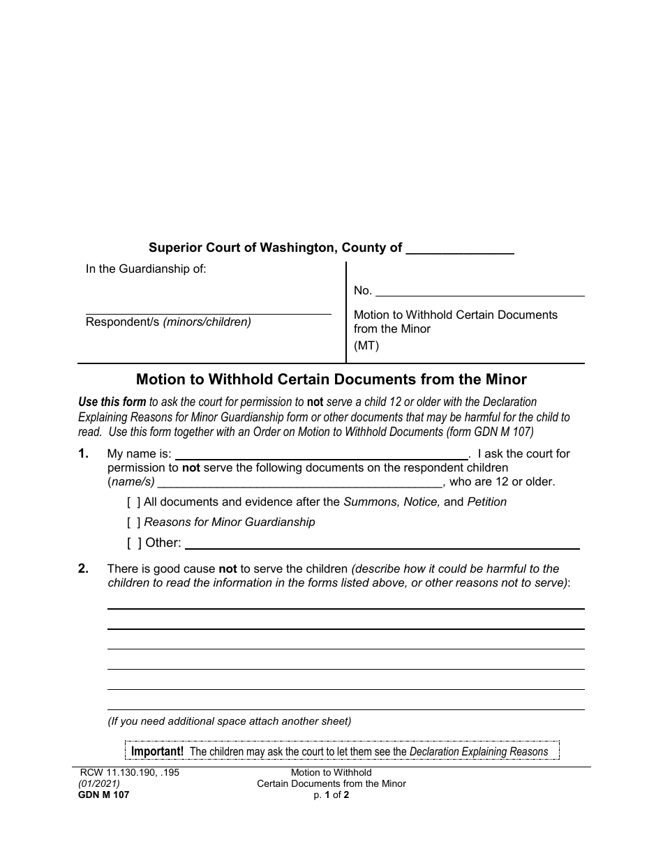 Form GDN M107 Motion to Withhold Certain Documents From the Minor - Washington, Page 1