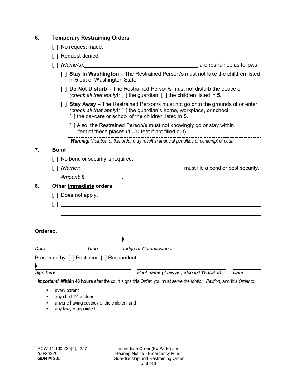 Form GDN M205 Immediate Order (Ex Parte) and Hearing Notice - Emergency Minor Guardianship and Restraining Order - Washington, Page 3