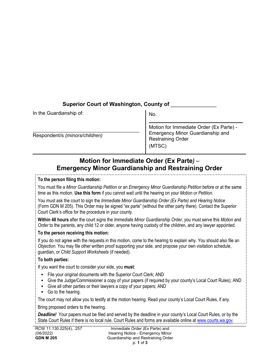 Form GDN M205 Motion for Immediate Order (Ex Parte) - Emergency Minor Guardianship and Restraining Order - Washington, Page 1