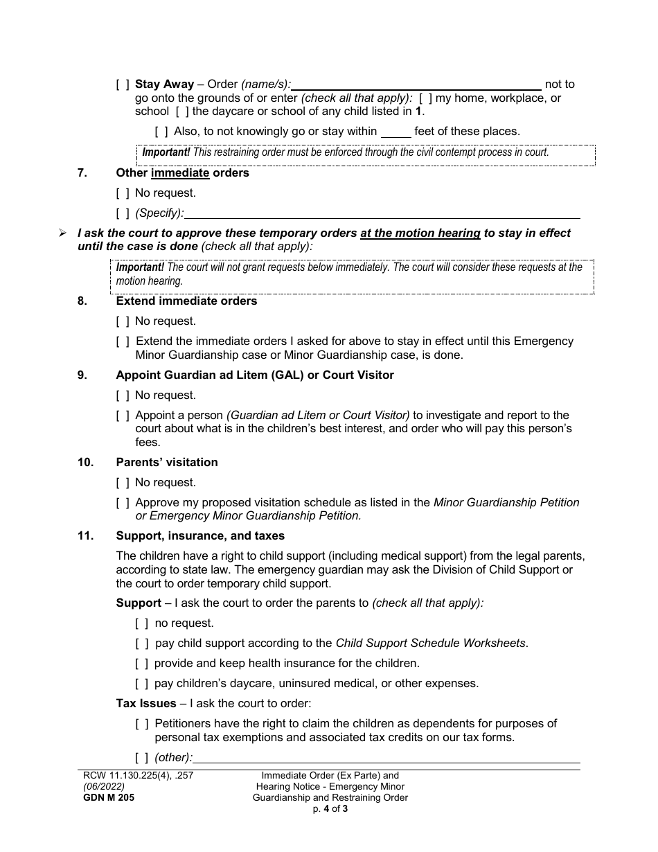Form GDN M205 Motion for Immediate Order (Ex Parte) - Emergency Minor Guardianship and Restraining Order - Washington, Page 4