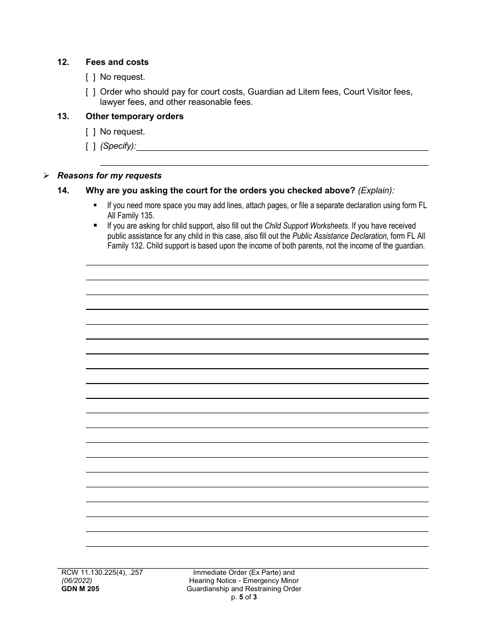 Form GDN M205 Motion for Immediate Order (Ex Parte) - Emergency Minor Guardianship and Restraining Order - Washington, Page 5